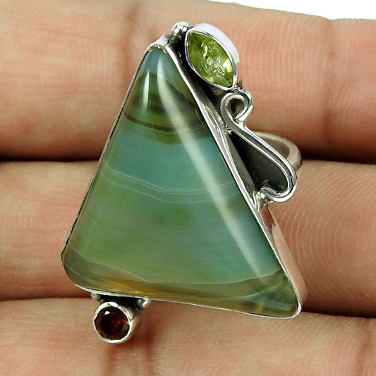 Woman Gift Natural Striped Onyx Cocktail Ring Size 8 925 Silver E19