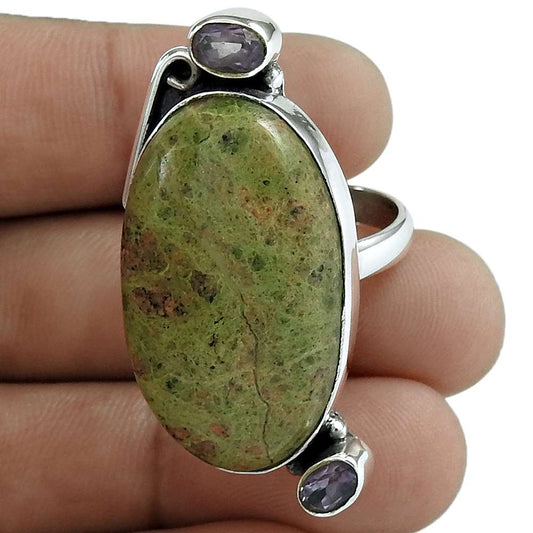 Woman Gift 925 Silver Natural Unakite Statement Ring Size 9 H19