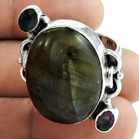 Woman Gift Natural Labradorite Solitaire Ring Size 7 925 Silver I19