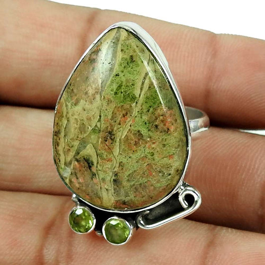 Natural Unakite Gemstone Cocktail Vintage Ring Size 9 925 Sterling Silver M8