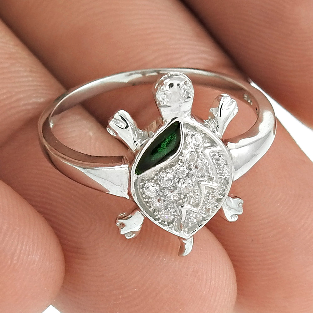 925 Sterling Silver Gemstone Jewelry Trendy White CZ, Inlay Gemstone Turtle Ring
