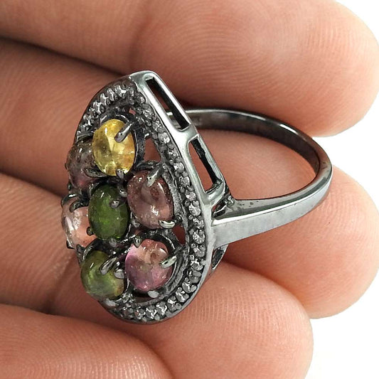 Luxurious Design 925 Sterling Silver Tourmaline Gemstone & CZ Ring