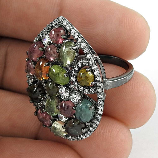 Prominent Design 925 Sterling Silver Tourmaline Gemstone & CZ Ring