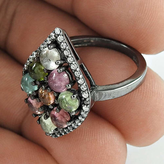 Certified Silver Jewelry 925 Sterling Silver Tourmaline Gemstone & CZ Ring