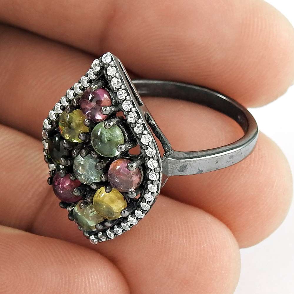 Hallmarked Silver Jewelry 925 Sterling Silver Tourmaline Gemstone & CZ Ring