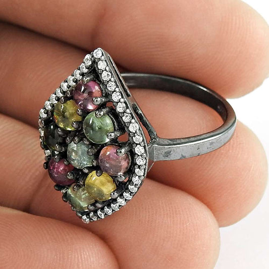Hallmarked Silver Jewelry 925 Sterling Silver Tourmaline Gemstone & CZ Ring