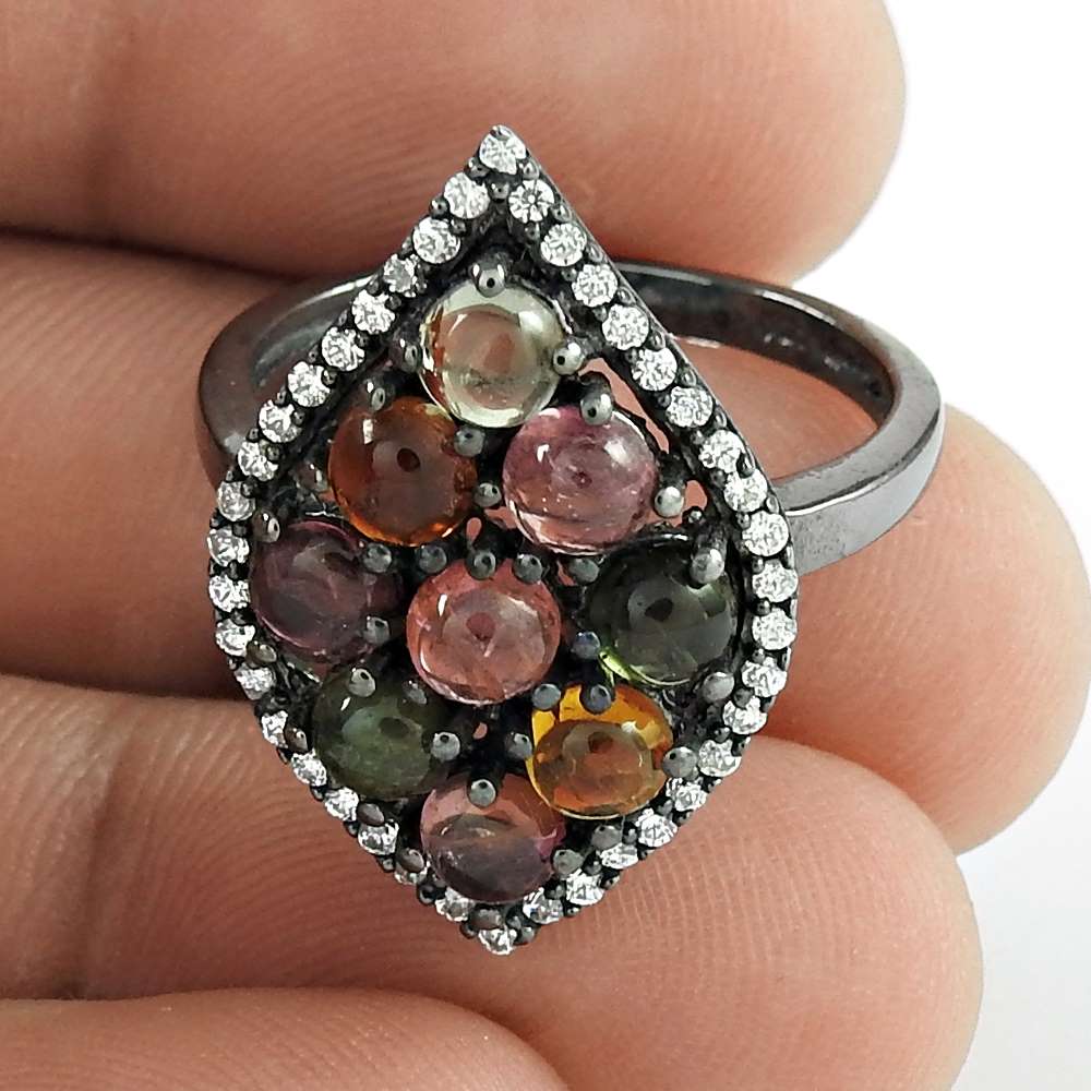Handcrafted Jewelry 925 Sterling Silver Tourmaline Gemstone & CZ Ring