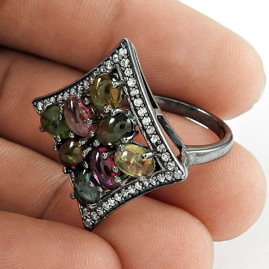 Turkish Silver Jewelry 925 Sterling Silver Tourmaline Gemstone & CZ Ring