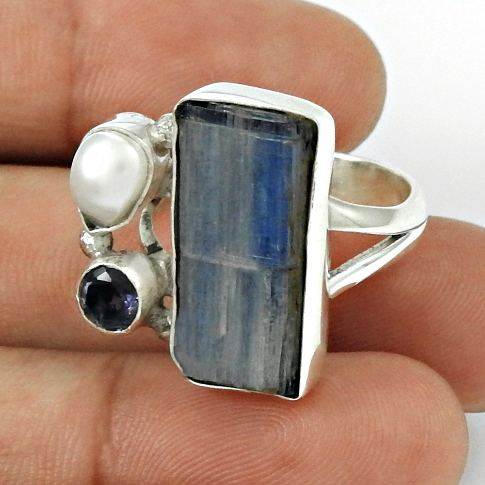 Pretty 925 Sterling Silver Kyanite, Iolite, Pearl Gemstone Ring Size 7 Vintage Jewelry I38