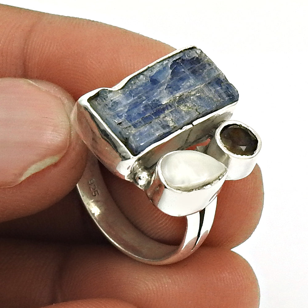 Pretty 925 Sterling Silver Kyanite, Iolite, Pearl Gemstone Ring Size 7 Vintage Jewelry I38