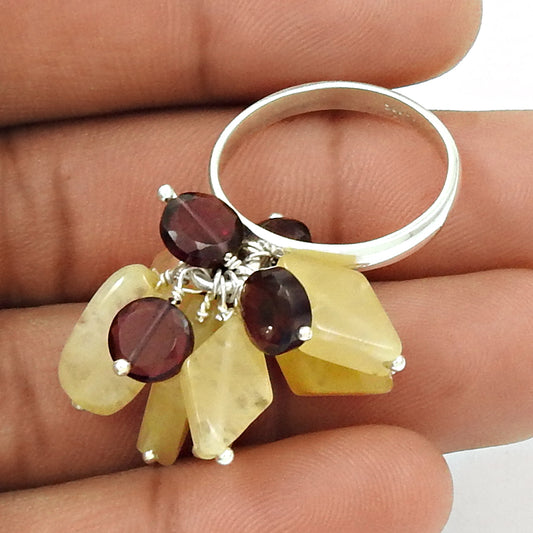 HANDMADE 925 Sterling Silver Jewelry Natural CITRINE GARNET Beaded Ring Size 8 AO9