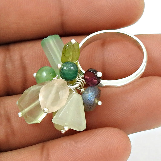 Silver Natural ROSE QUARTZ GARNET PREHNITE GREEN JADE Beaded Ring Size 7.5 AB5