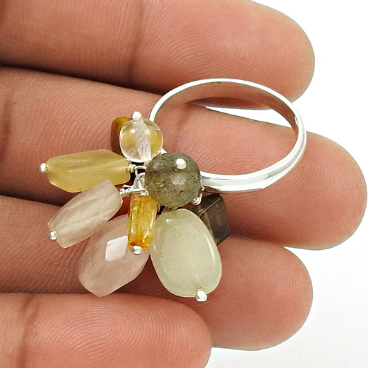 Silver Natural SMOKY QUARTZ CRYSTAL Tiger Eye Beaded Ring Size 8 AI8
