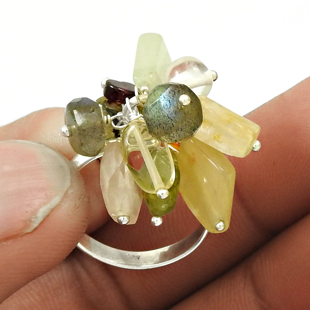 Natural PREHNITE CARNELIAN Tiger Eye CITRINE Silver Beaded Ring Size 7 AK8