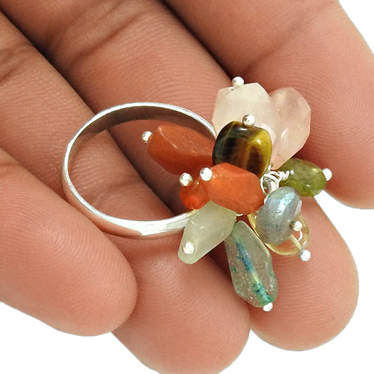 Silver Natural CHALCEDONY Tiger Eye LABRADORITE Beaded Ring Size 7.5 AD6