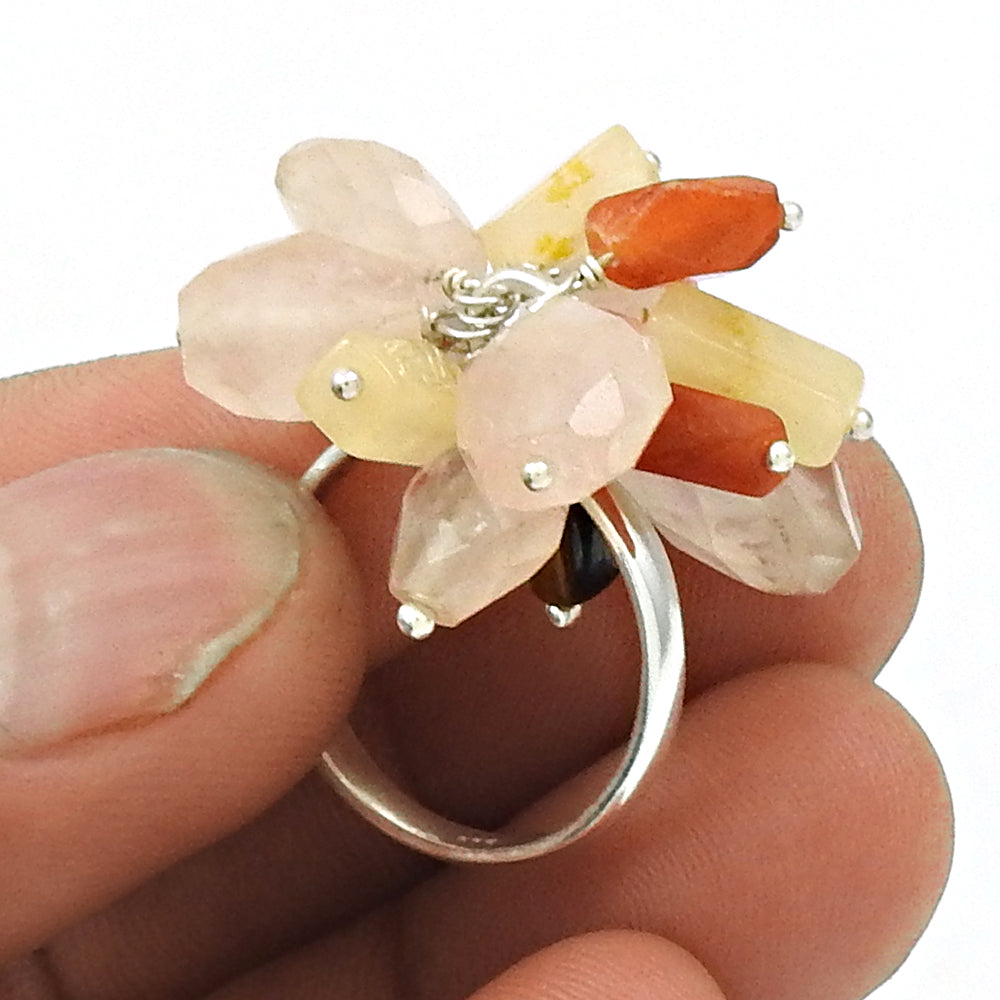 Natural ROSE QUARTZ CARNELIAN Tiger Eye Beaded Ring Size 7 Silver Fine AQ5