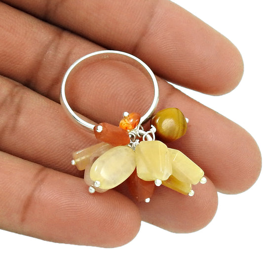 Natural ROSE QUARTZ CARNELIAN Tiger Eye Beaded Ring Size 8.5 Silver Fine AE6