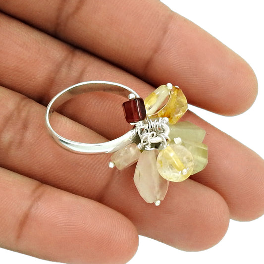 Natural ROSE QUARTZ PERIDOT GARNET CITRINE Silver Beaded Ring Size 8.5 AQ18
