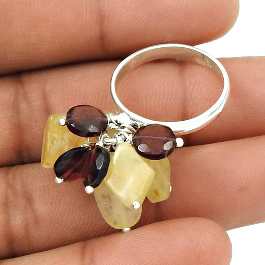 HANDMADE 925 Silver Jewelry Natural CITRINE GARNET Beaded Ring Size 7 AV18