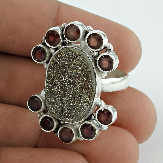 925 Sterling Silver Jewelry Charming Druzy & Garnet Gemstone Ring