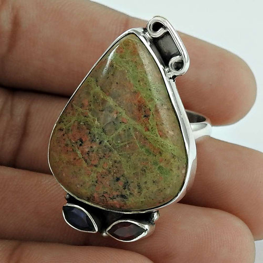 Woman Gift Natural Unakite Gemstone 925 Sterling Silver Ring Size 8 K23