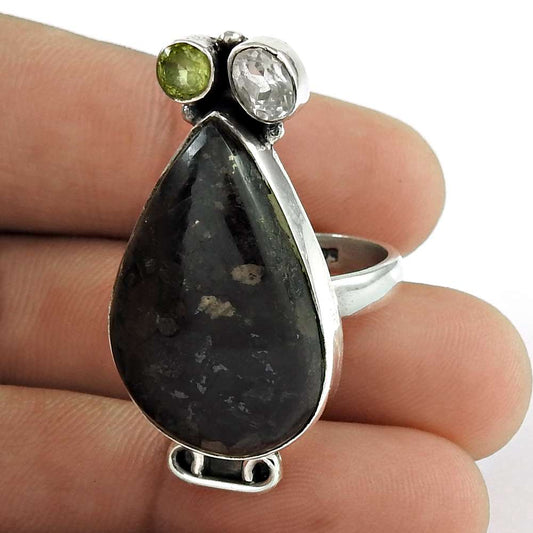 Woman Gift Cocktail Ring Size 8 925 Silver Natural Black Corosite C20