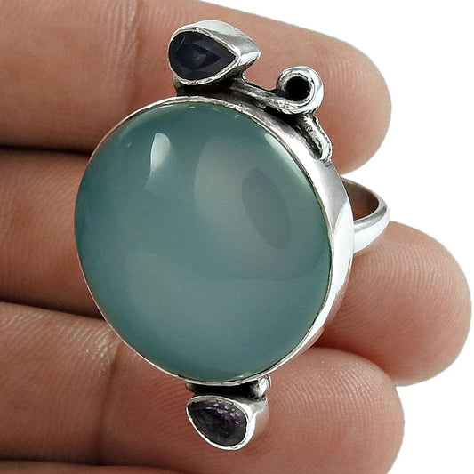 Woman Gift 925 Silver Natural Chalcedony Solitaire Boho Ring Size 9 E20