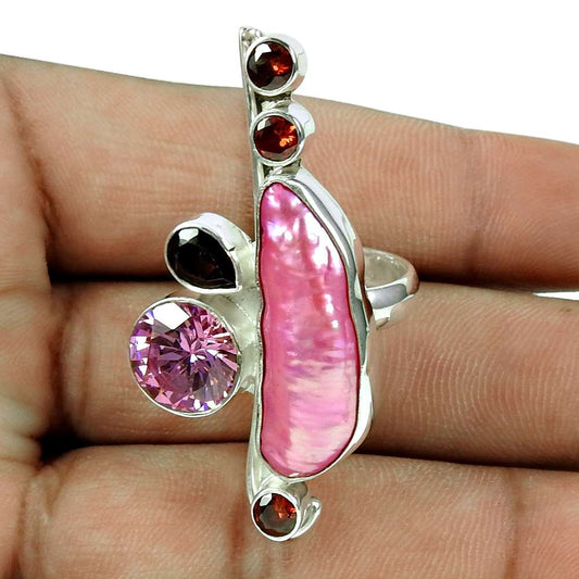 Party Wear Pink Freshwater Pearl Red C.Z Garnet Pink C.Z Gemstone Ring Sterling Silver Jewellery