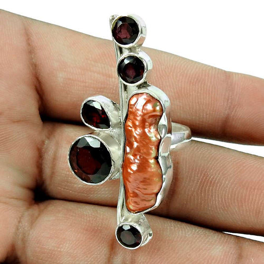 Daily Wear Brown Freshwater Pearl Garnet Gemstone Ring 925 Silver Jewellery