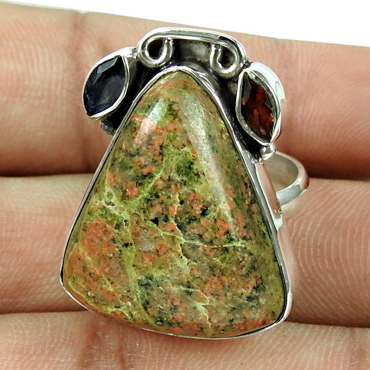 Natural Unakite Gemstone Cocktail Ring Size 7.5 925 Silver For Women K20