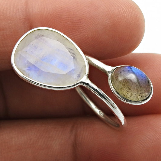 Rainbow Moonstone Labradorite Gemstone Jewelry 925 Silver Open Ring Size 6 C54