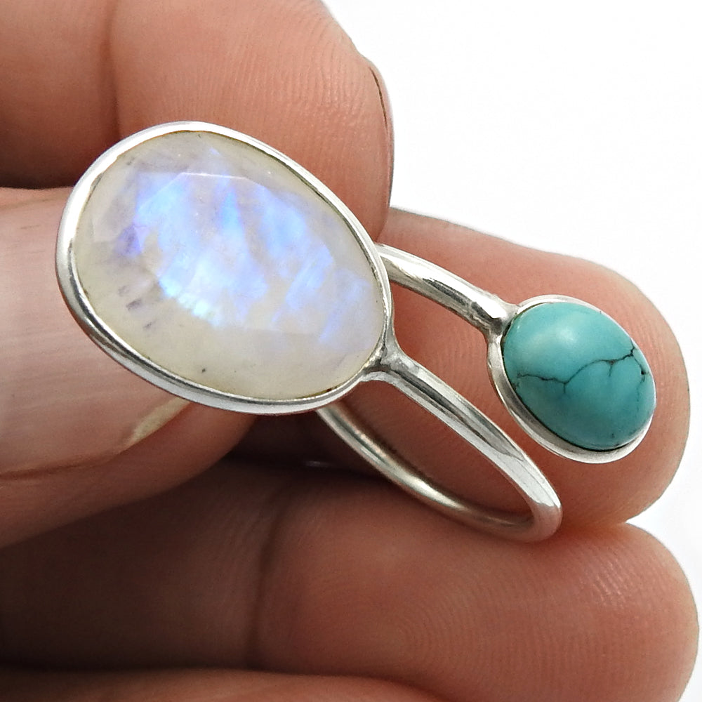 Rainbow Moonstone Turquoise Gemstone Jewelry 925 Silver Open Ring Size 7 H54