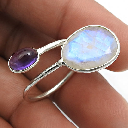 Rainbow Moonstone Amethyst Gemstone Jewelry 925 Silver Open Ring Size 8.5 D55