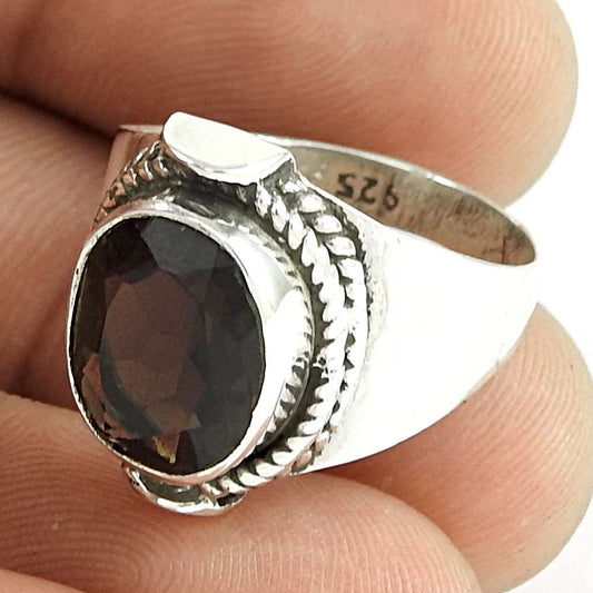 Woman Gift Solitaire Tribal Ring Size 7 925 Silver Natural Smoky Quartz E42
