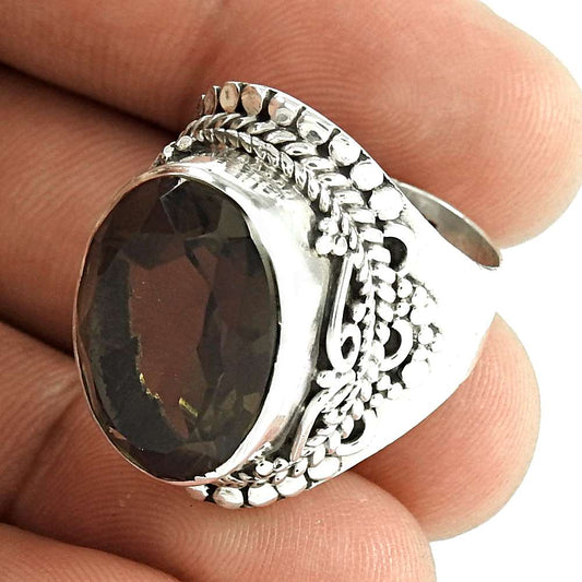 Woman Gift Natural Smoky Quartz Gemstone 925 Silver Statement Ring Size 7 B2