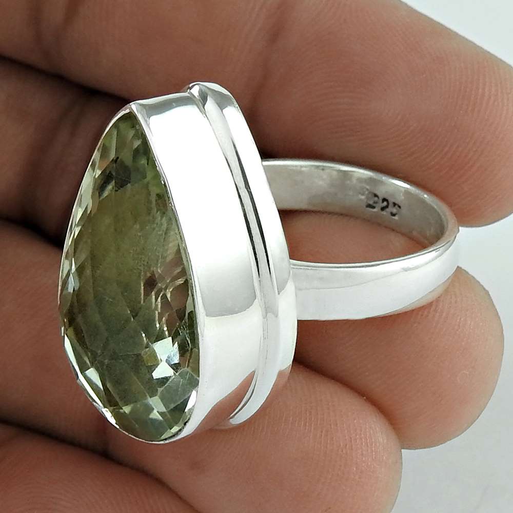 Woman Gift Natural Green Amethyst Gemstone 925 Silver Ring Size 8.5 G24