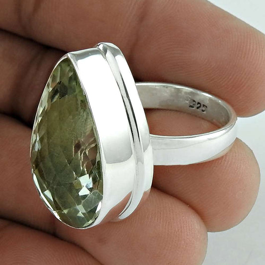 Woman Gift Natural Green Amethyst Gemstone 925 Silver Ring Size 8.5 G24