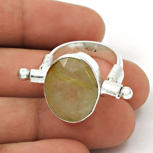 Woman Gift Natural Golden Rutile Gemstone 925 Silver Ring Size 6 I24