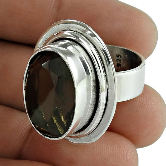 Woman Gift Natural Smoky Quartz Statement Ring Size 7.5 925 Silver E21