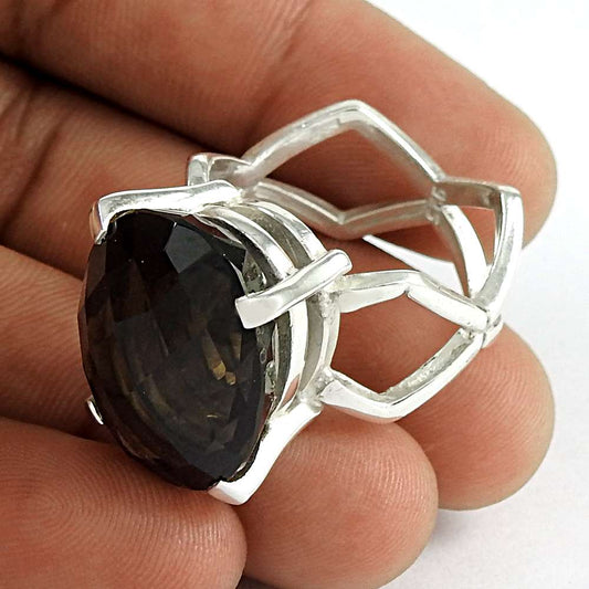 Woman Gift 925 Silver Natural Smoky Quartz Cocktail Ring Size 9.5 M10