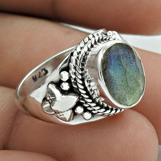 Natural Labradorite 925 Silver Solitaire Vintage Ring Size 6.5 For Girls E10