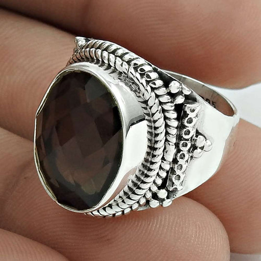 Natural Smoky Quartz Gemstone Cocktail Bohemian Ring Size 6.5 925 Silver A13
