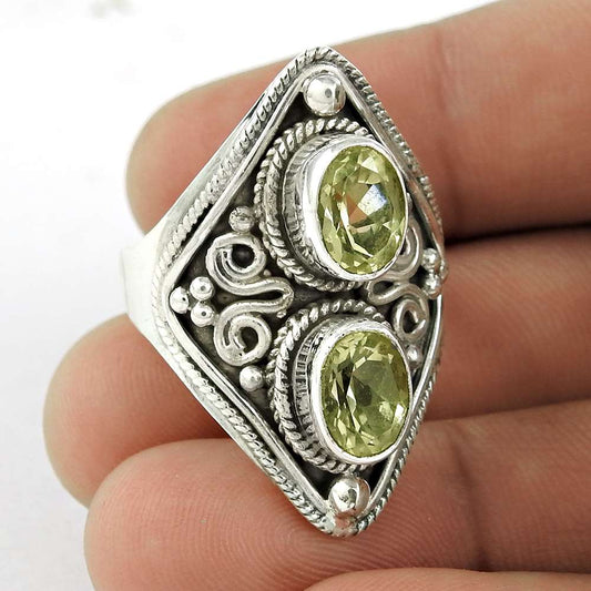 Natural Lemon Quartz Gemstone Cocktail Ring Size 7.5 925 Silver For Women J22