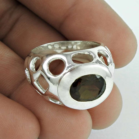 Woman Gift 925 Silver Natural Smoky Quartz Cocktail Boho Ring Size 9 D23