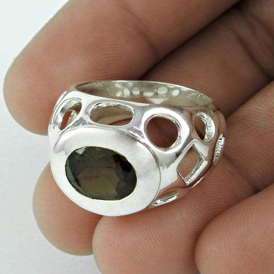 Natural Smoky Quartz 925 Silver Solitaire Boho Ring Size 8.5 For Women E23