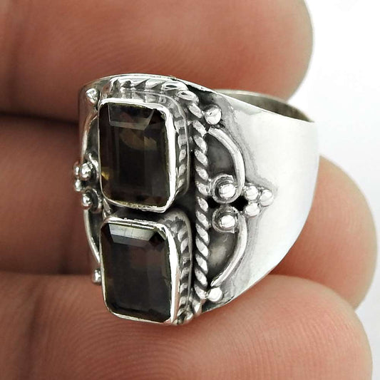 Woman Gift Cocktail Bohemian Ring Size 5 925 Silver Natural Smoky Quartz V46