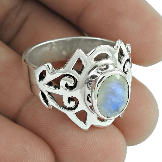 925 Silver Natural Rainbow Moonstone Solitaire Boho Ring Size 12 A24