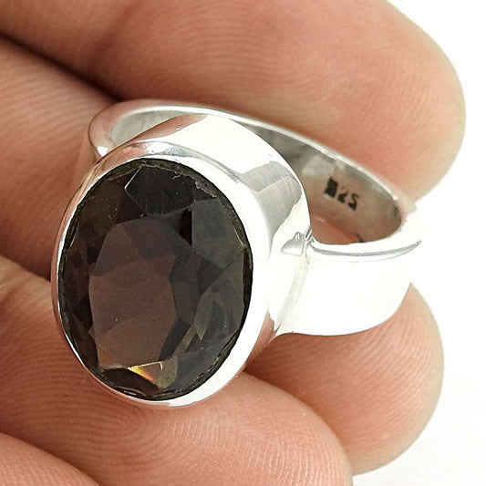 Natural Smoky Quartz Gemstone Solitaire Boho Ring Size 7 925 Sterling Silver I24