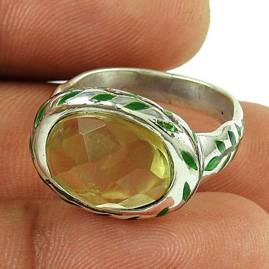 Woman Gift Natural Lemon Quartz Solitaire Boho Ring Size 6 925 Silver T24