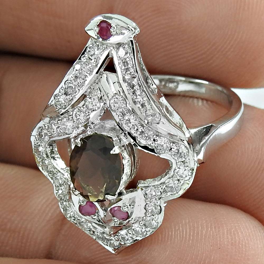 Gift For Women Statement Wedding Ring Size 6 925 Silver Natural Smoky Quartz F5